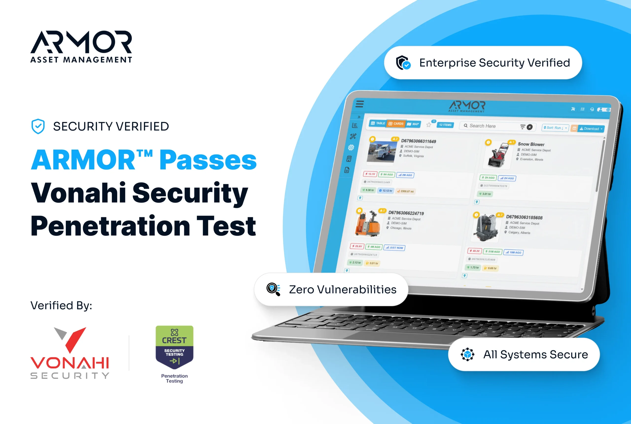 ARMOR™ Executive Summary slide highlighting a successful Vonahi Security penetration test with zero vulnerabilities on a tablet interface.