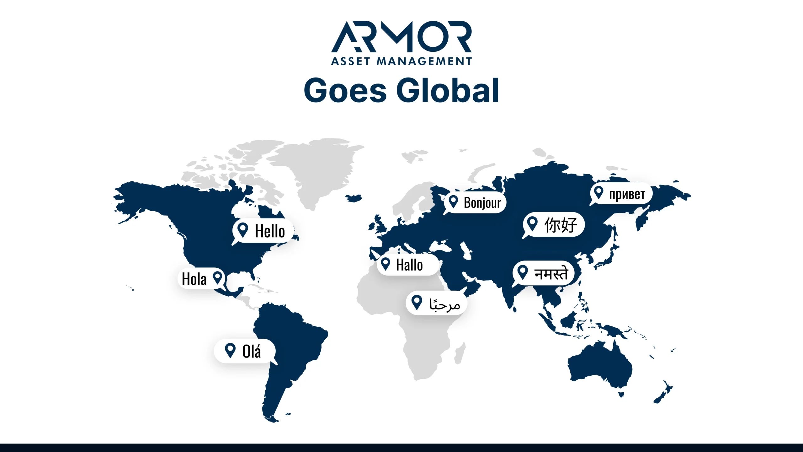 ARMOR™ A world map with various languages and the word 'Hello' in each language