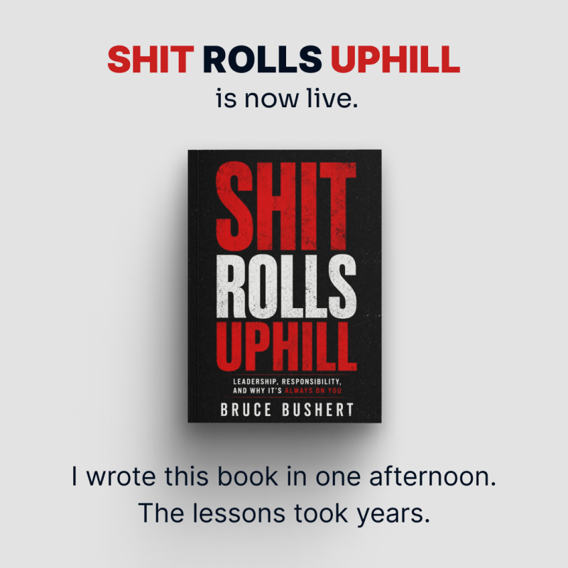 A book promotional graphic for Shit Rolls Uphill by Bruce Bushert, highlighted by the Armor™ brand network.
