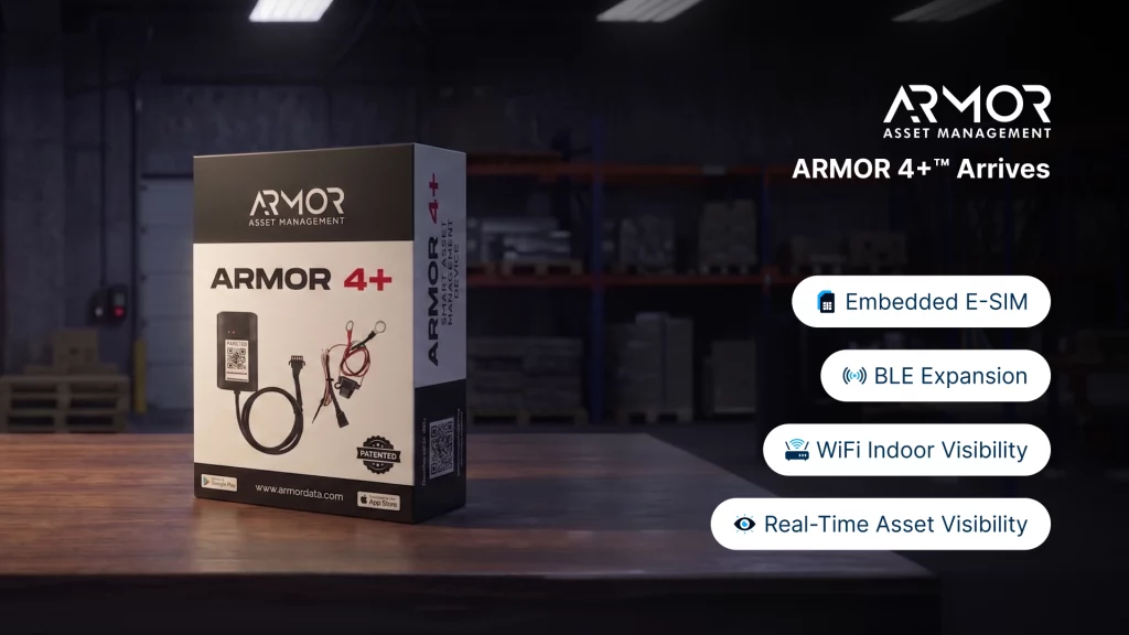 Retail product box for the Armor™ 4+ telematics tracking device featuring embedded E-SIM, BLE, and WiFi capabilities.