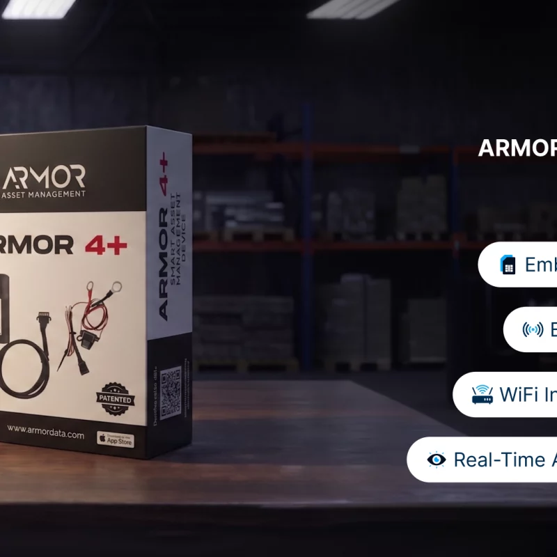 Retail product box for the Armor™ 4+ telematics tracking device featuring embedded E-SIM, BLE, and WiFi capabilities.