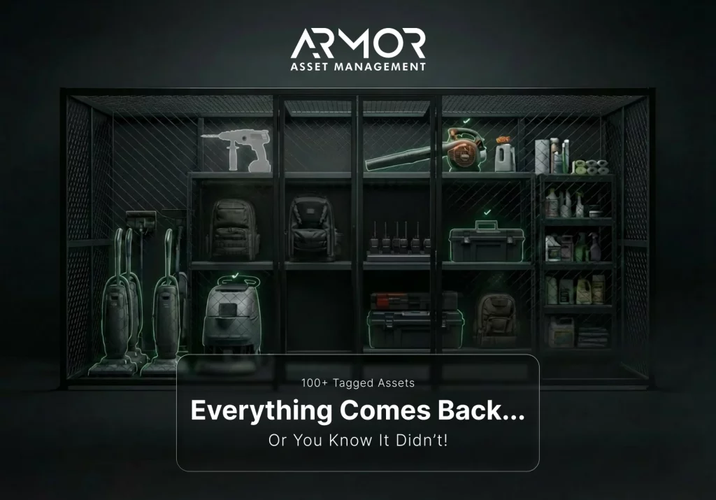 An industrial wire cage storage unit holding various equipment like power tools, vacuums, and bags tracked by Armor™ BLE.