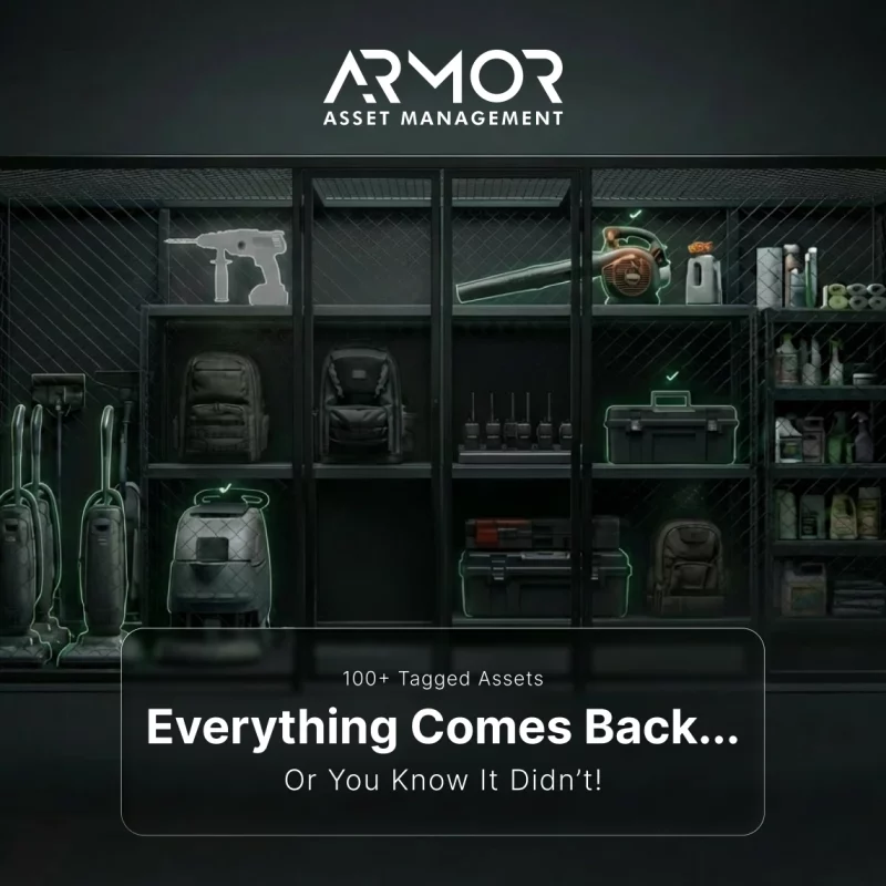 An industrial wire cage storage unit holding various equipment like power tools, vacuums, and bags tracked by Armor™ BLE.