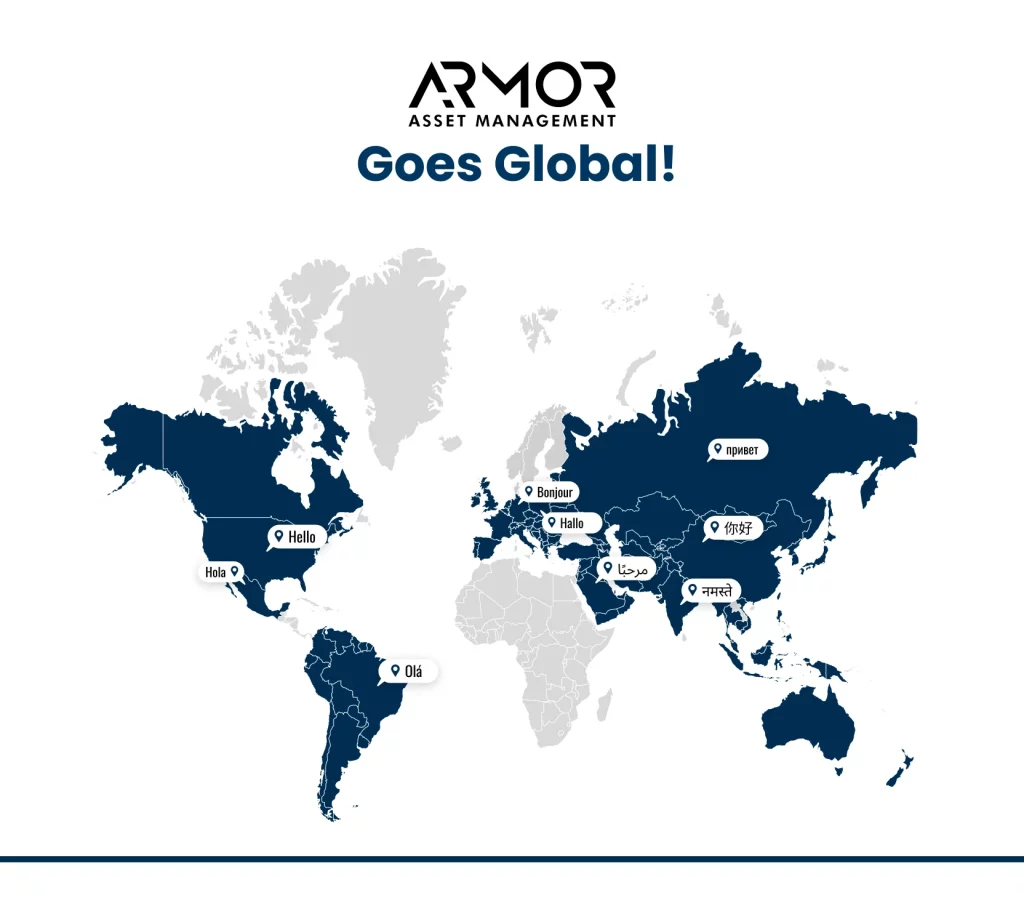 A world map graphic highlighting operational countries with multi-language greetings by Armor™ telematics.