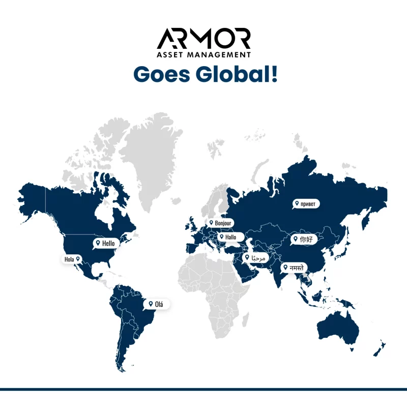A world map graphic highlighting operational countries with multi-language greetings by Armor™ telematics.