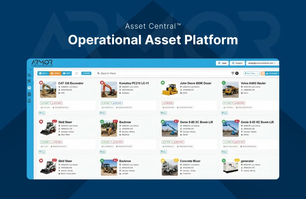 The Asset Central operational fleet dashboard tracking heavy equipment like excavators, dozers, and lifts via Armor™.