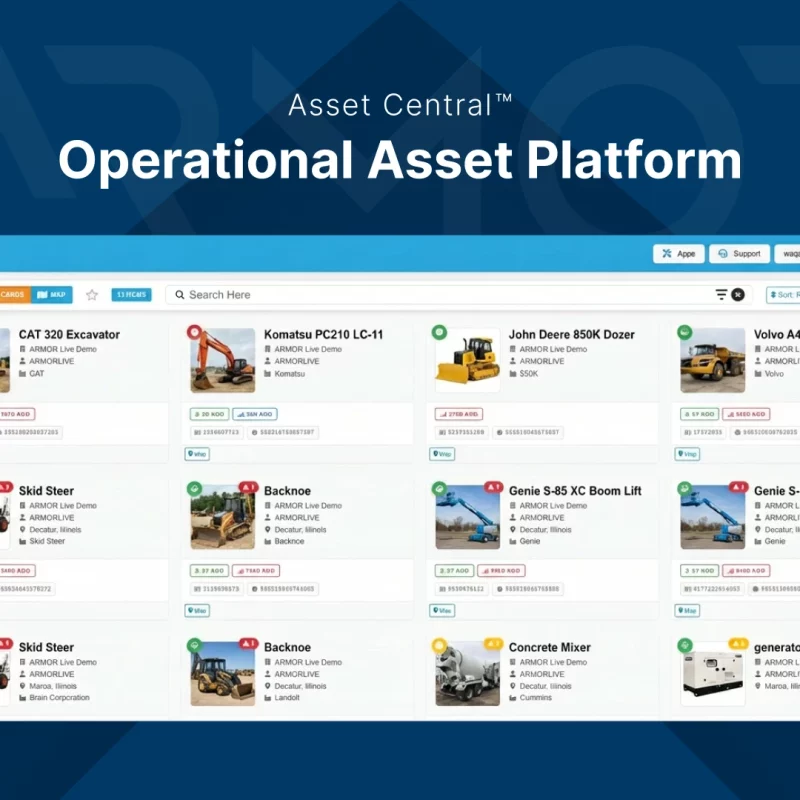 The Asset Central operational fleet dashboard tracking heavy equipment like excavators, dozers, and lifts via Armor™.