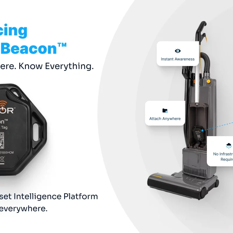 A promotional image for ARMOR Beacon™ BLE Asset Tag, featuring a close-up of the black octagonal tracking device and its application on a commercial vacuum.