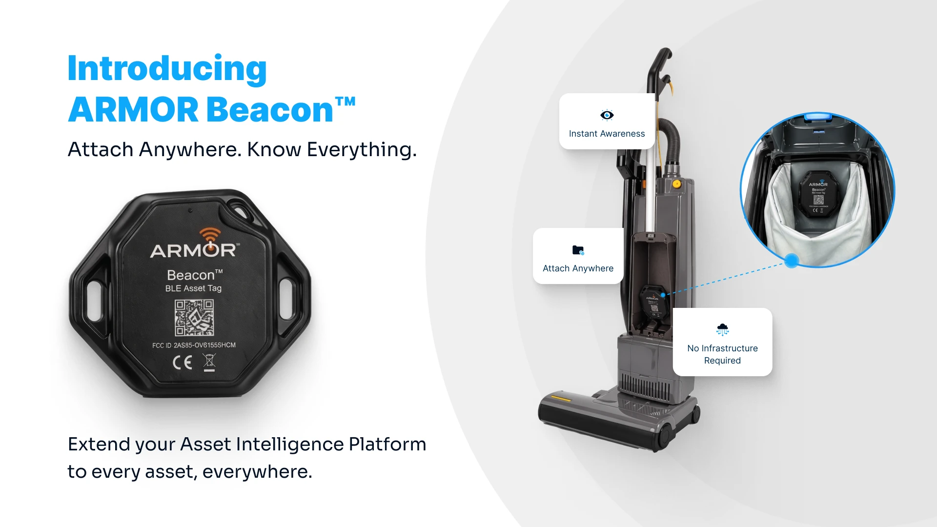A promotional image for ARMOR Beacon™ BLE Asset Tag, featuring a close-up of the black octagonal tracking device and its application on a commercial vacuum.