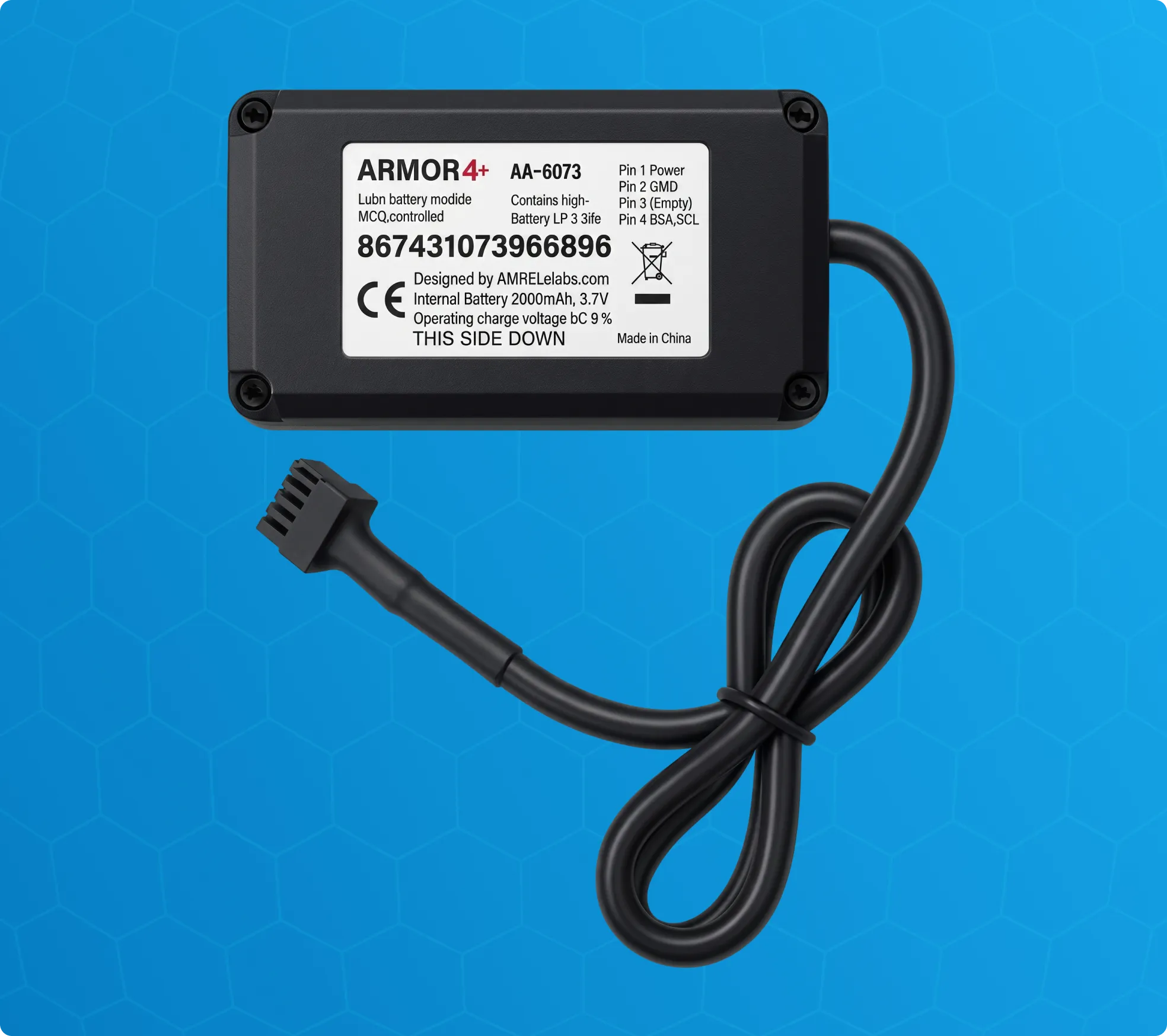 The back panel of an Armor™ 4+ smart tracking hardware device showing the product specifications label and wiring.