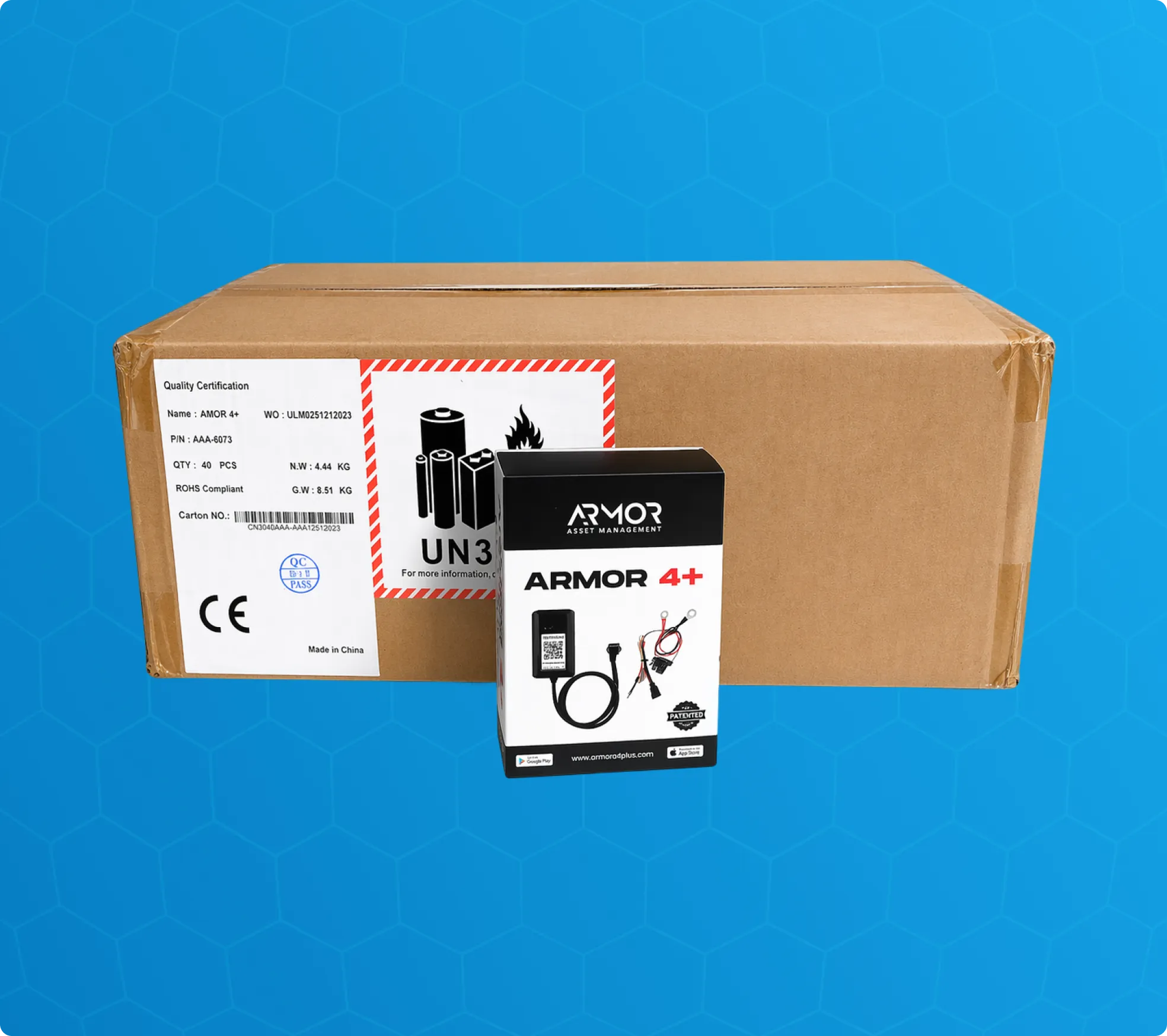 A bulk cardboard shipping box next to an individual retail box for the Armor™ 4+ smart fleet asset tracking device.