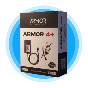 ARMOR 4+™ smart asset management device product box set against a blue and white circular background.