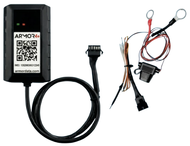 ARMOR 4+™ tracking device unit and wired harness featuring status LEDs, QR code, and ring terminals.