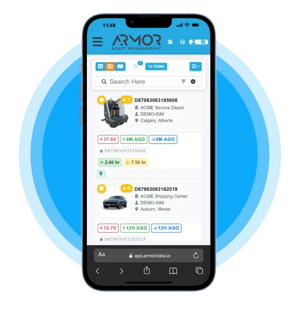 ARMOR mobile web app interface displayed on a smartphone screen against a blue circular background.