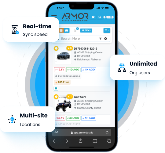 Smartphone showing ARMOR mobile web app interface surrounded by feature callout floating cards.