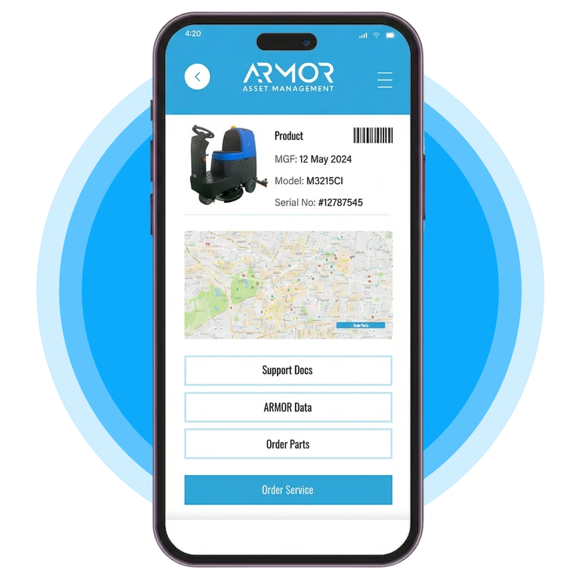 Smartphone displaying the ARMOR Asset Management™ mobile app interface against a blue circular background.