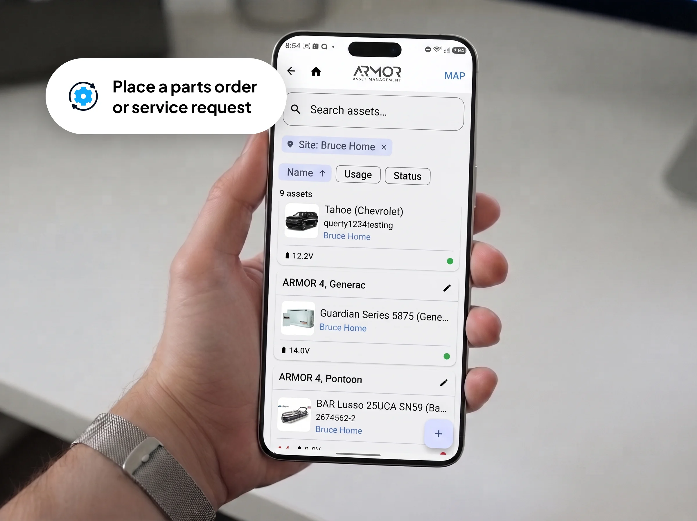 Smartphone displaying the inventory list screen from the ARMOR™ mobile application.