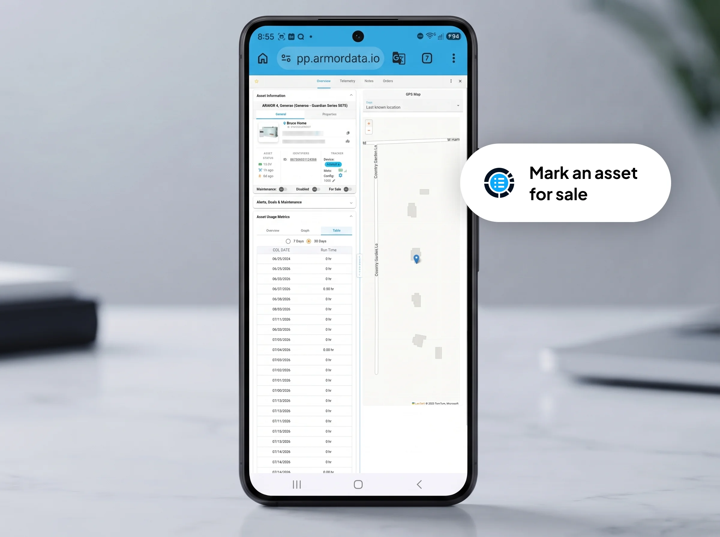 Smartphone displaying the ARMOR™ asset management interface with map view and asset status controls.