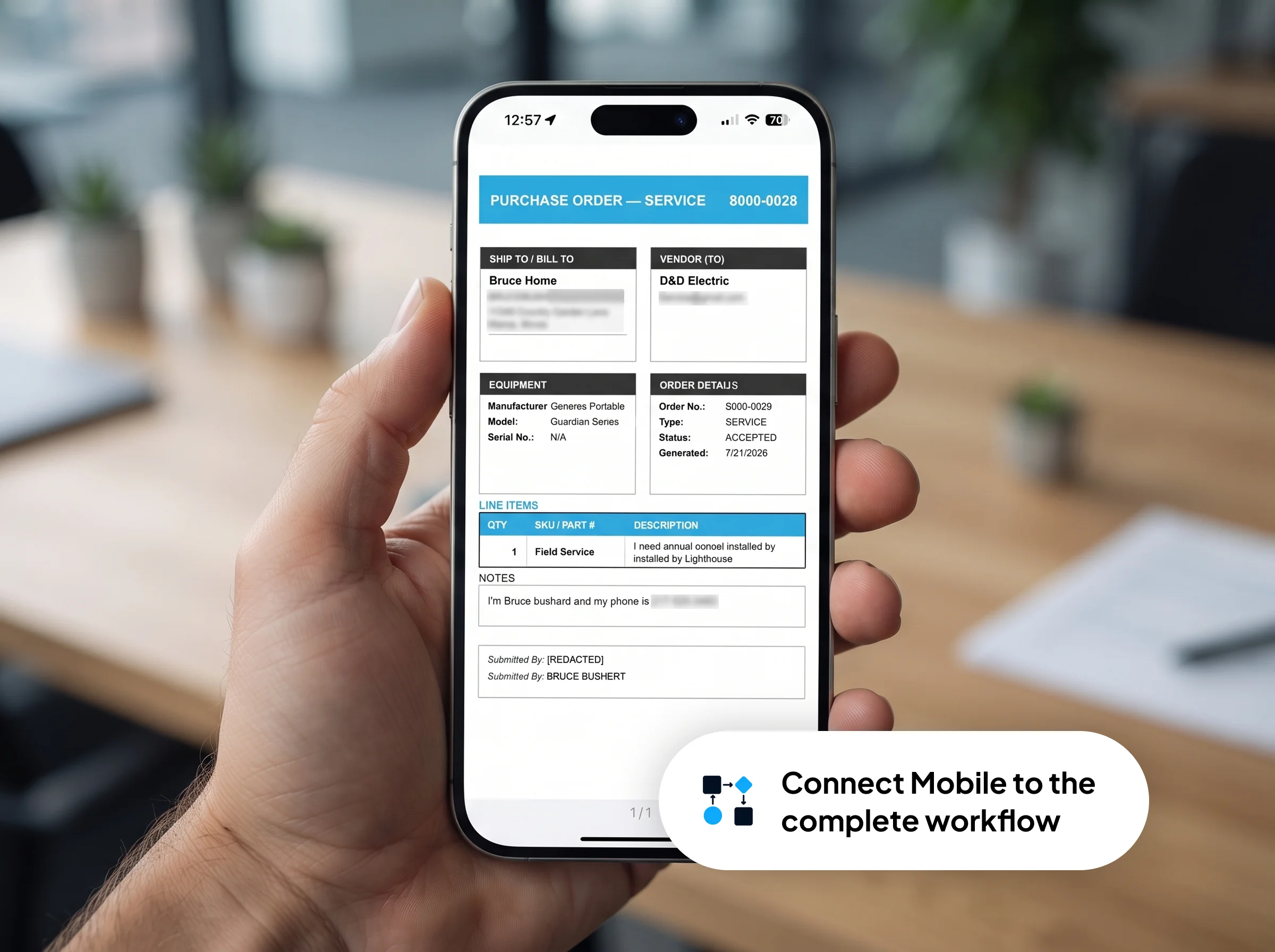 Smartphone held in hand displaying a purchase order screen from the ARMOR Mobile App™.