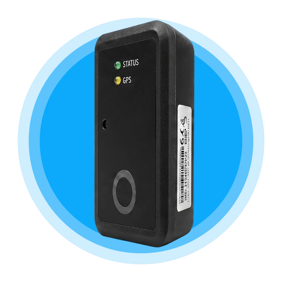 ARMOR Track™ device hardware featuring status and GPS indicator lights with a barcode label.
