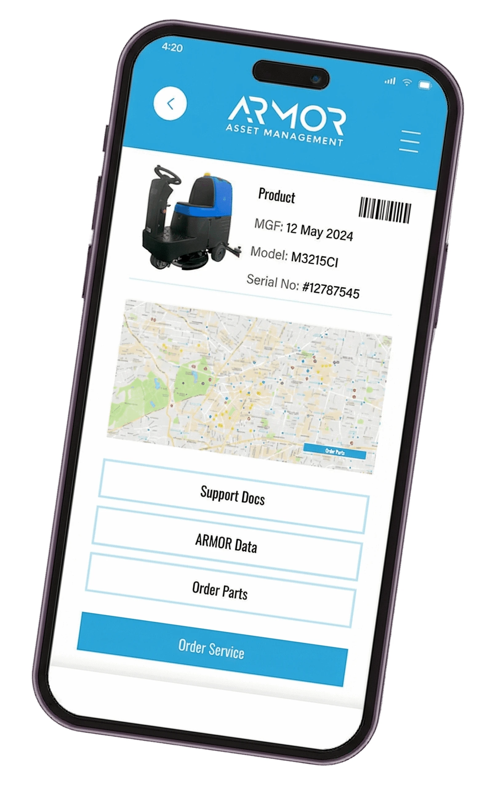 Smartphone displaying the ARMOR Asset Management™ mobile app interface with product tracking and service options.