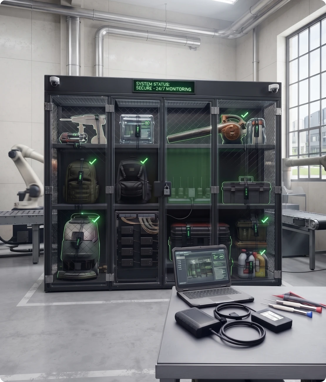 Secure industrial smart locker system containing tracked tools, backpacks, and equipment, with a laptop and tracking hardware on a desk in the foreground.