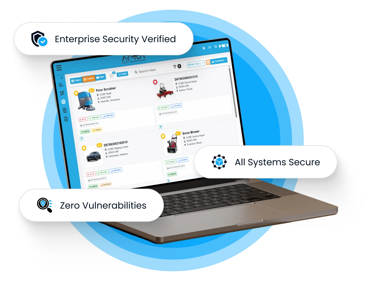 ARMOR Asset Central™ dashboard displayed on a laptop with security validation callouts.