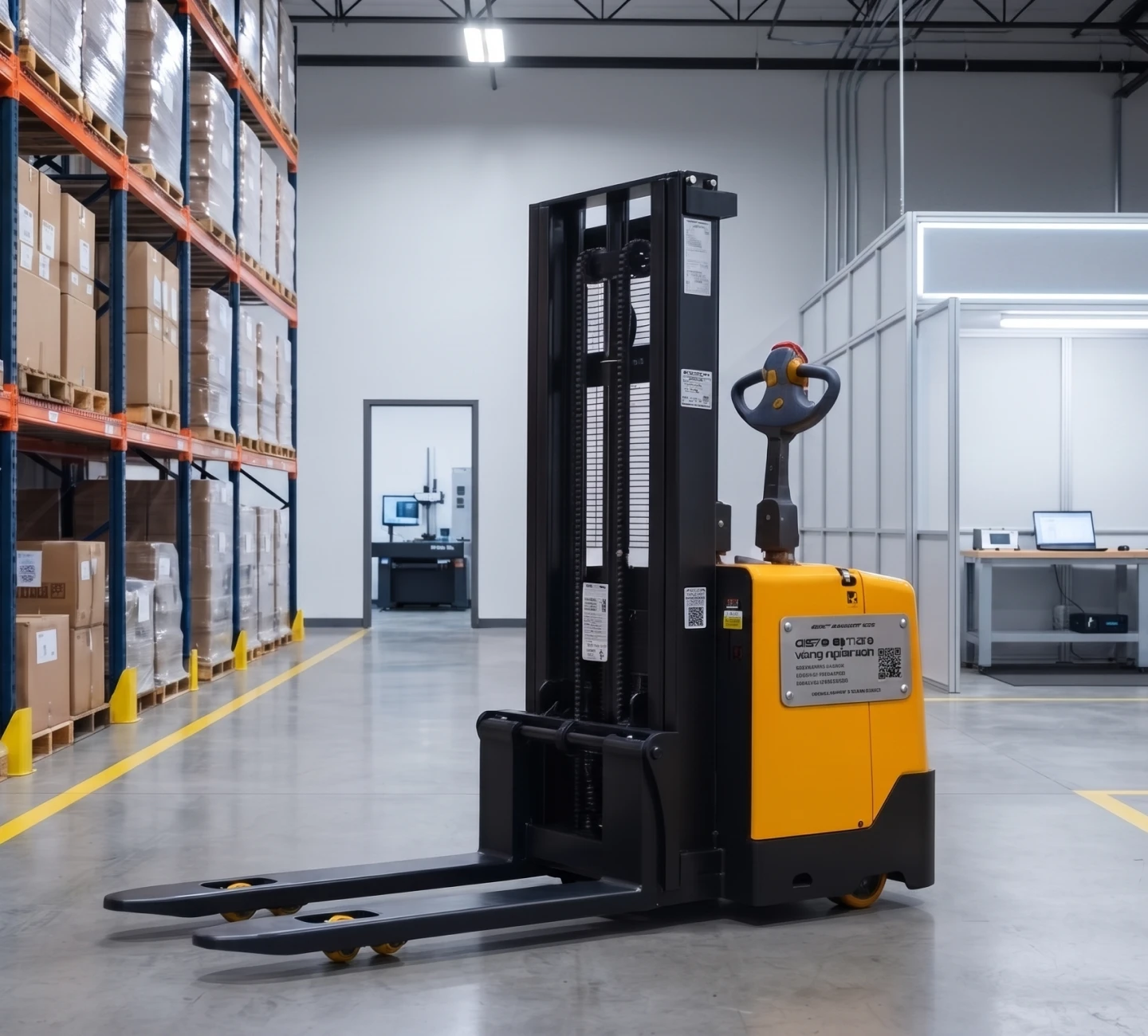 Warehouse setting featuring a yellow and black pallet stacker truck parked in an aisle between high storage racks.
