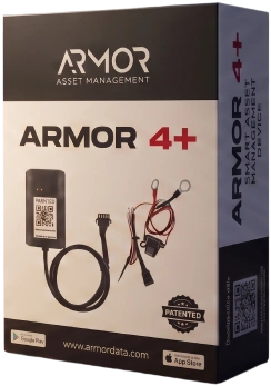 ARMOR 4+™ product packaging box showing the hardware device, wiring harness, and branding.