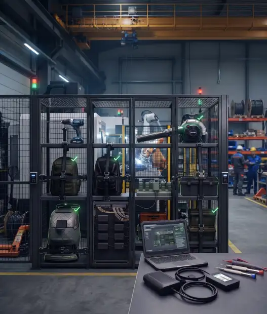 Secure wire-mesh storage locker system inside a factory facility holding tools and equipment, featuring a laptop and monitoring gear on a desk.
