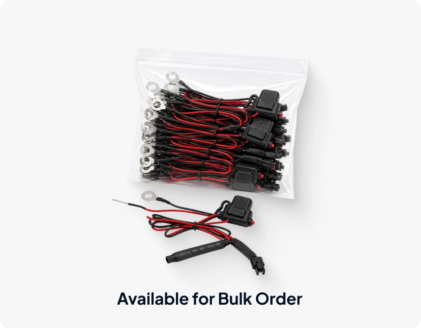 Bulk bag of fused wiring harnesses with ring terminals, displayed with a sample harness in front, labeled "Available for Bulk Order".