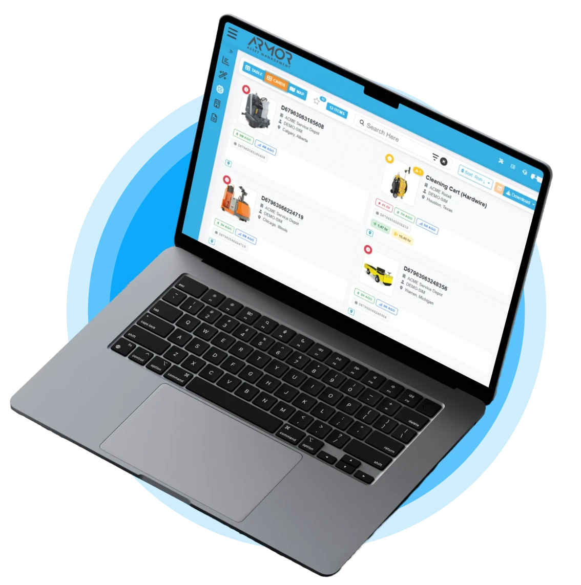 Laptop displaying the ARMOR Asset Management™ software dashboard against a white and blue patterned background.