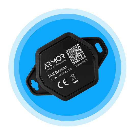 ARMOR Beacon™ (Model WID330 BLE) black industrial beacon with mounting flanges, QR code, and regulatory compliance markings.