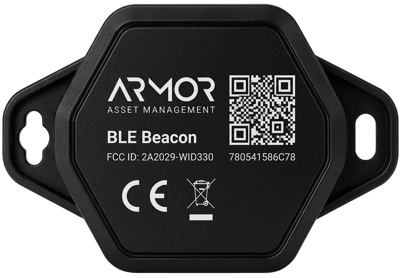 ARMOR Beacon™ (Model WID330 BLE) black industrial beacon with mounting flanges, QR code, and regulatory compliance markings.