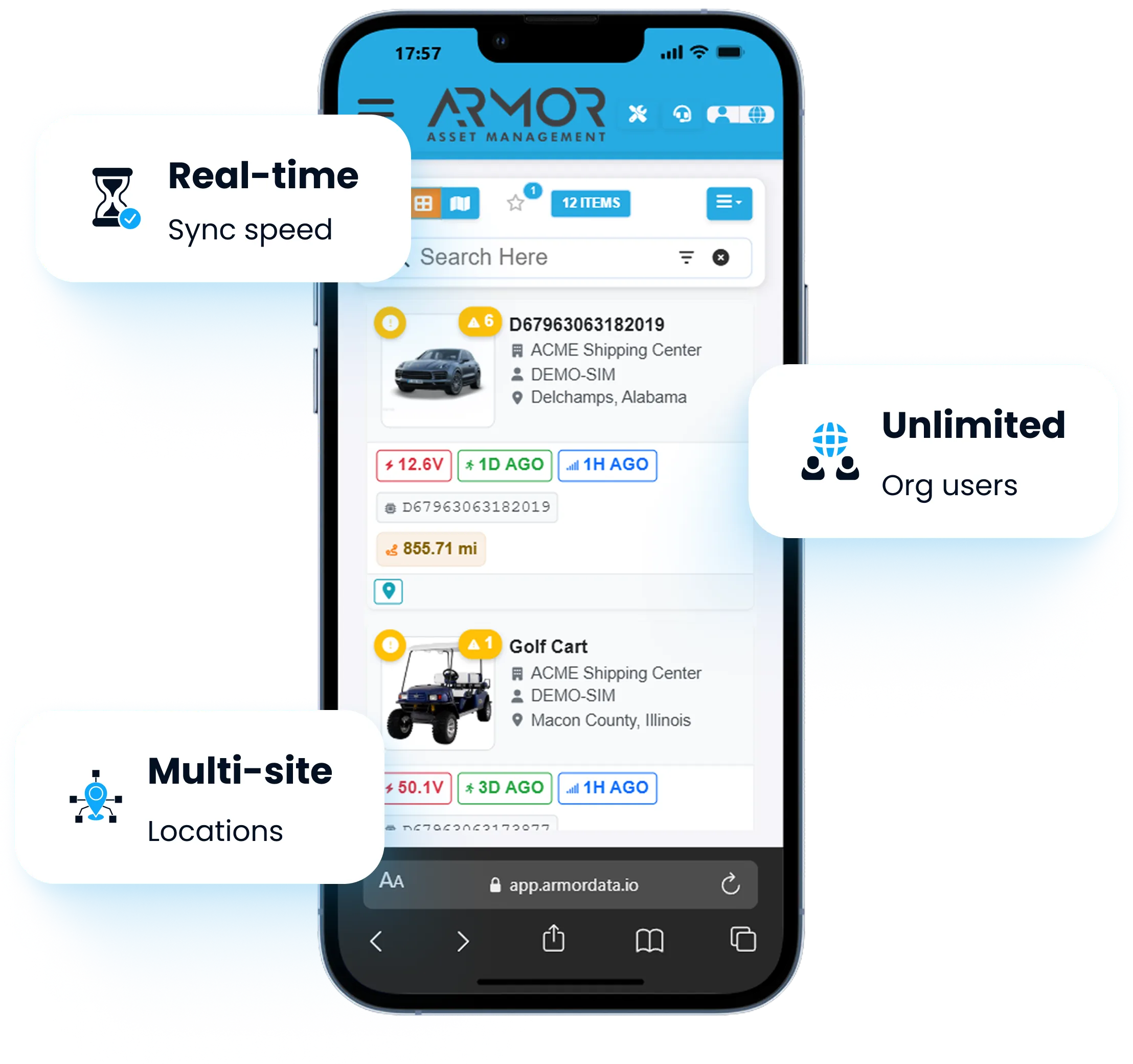 ARMOR™ A smartphone displaying the ARMOR Asset Central app, showcasing its features and capabilities