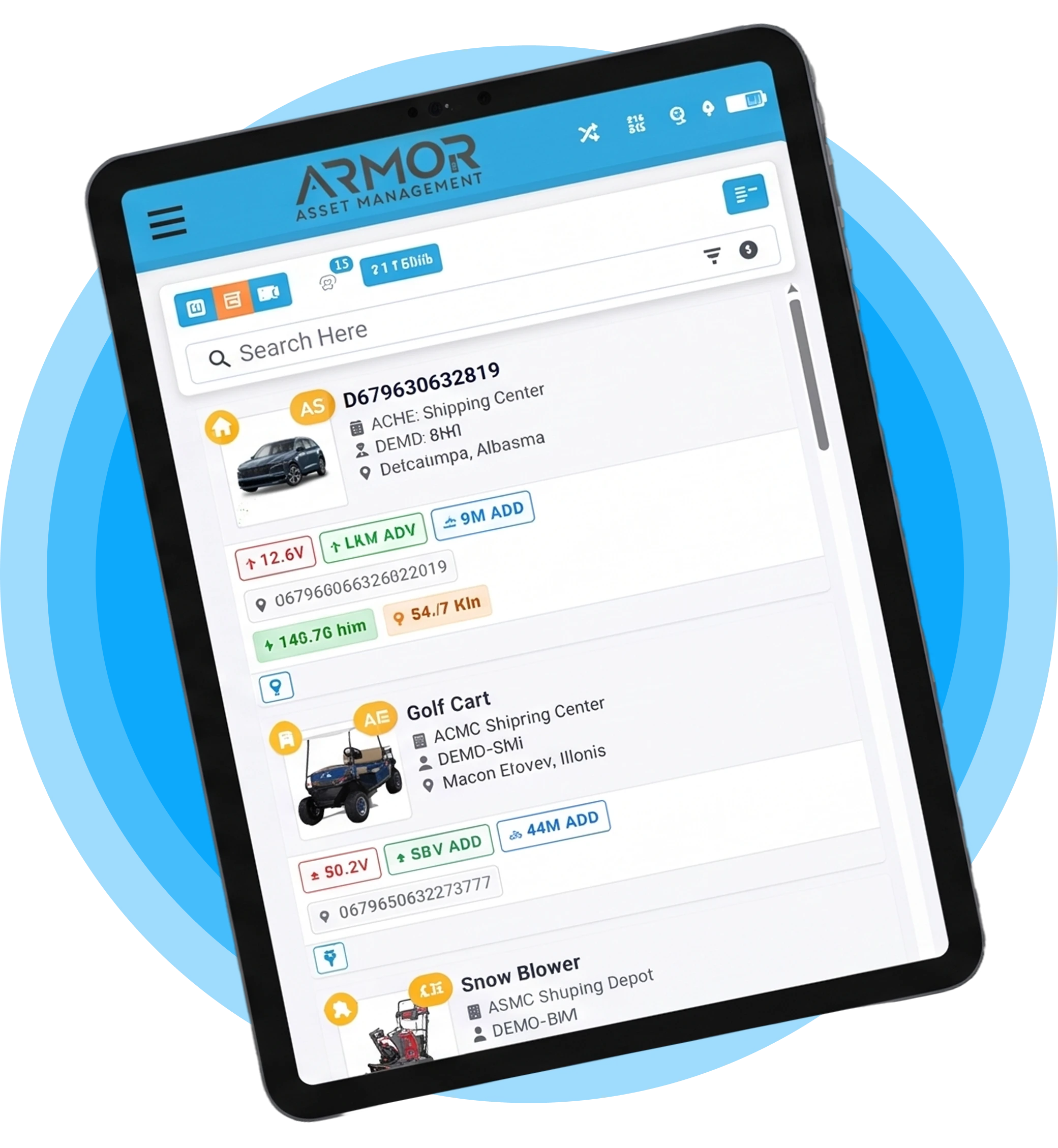 Tablet displaying the ARMOR Asset Management interface with organized asset lists, tracking metrics, and search functionality.