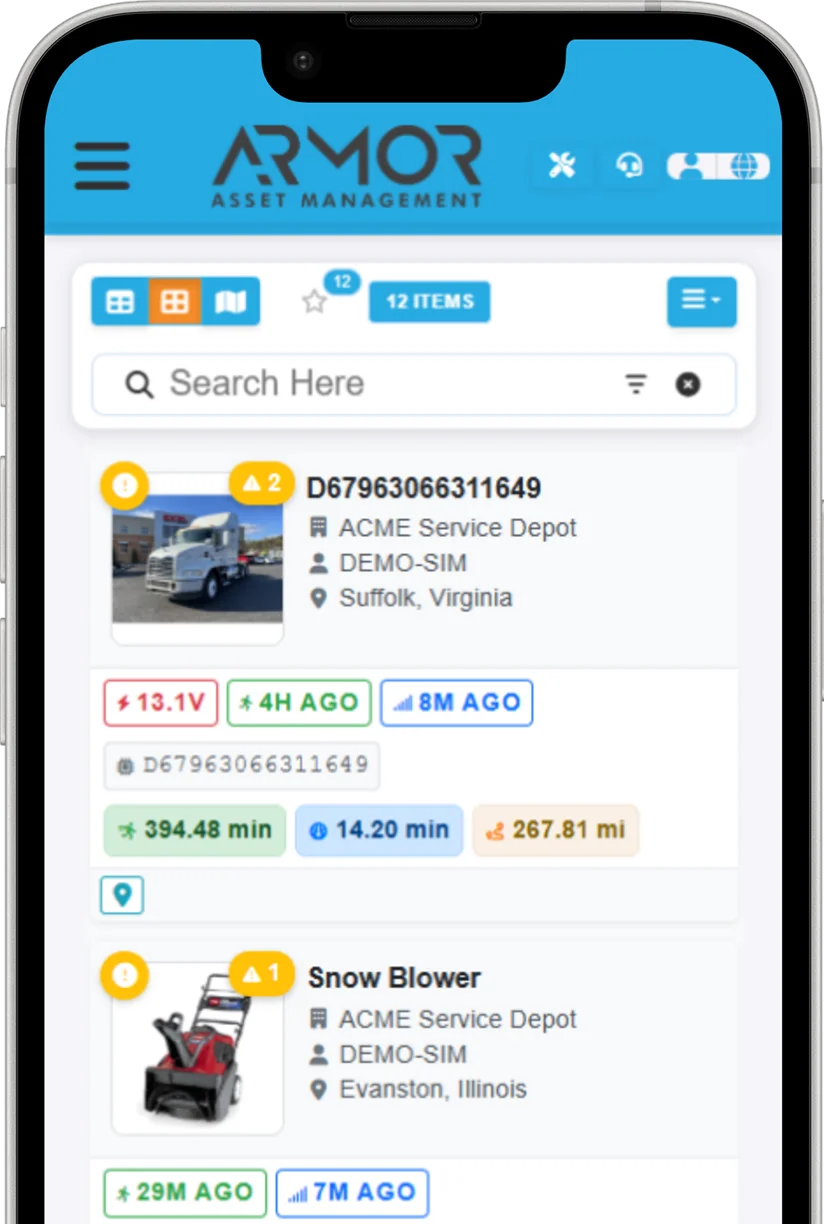 ARMOR™ A smartphone screen displaying the ARMOR Asset Management app, with a search bar and a list of items