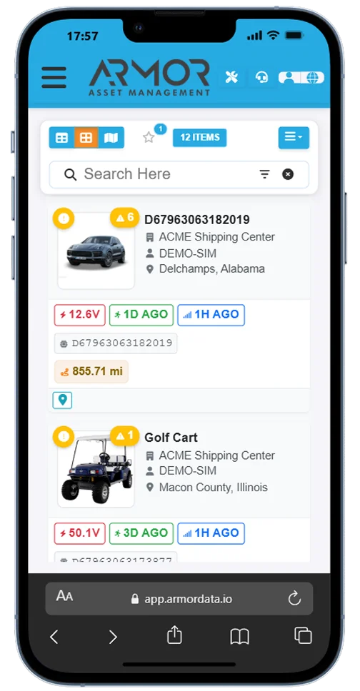 ARMOR™ A mobile phone screen displaying the ARMOR Asset Management app, with a search bar and a list of search results,