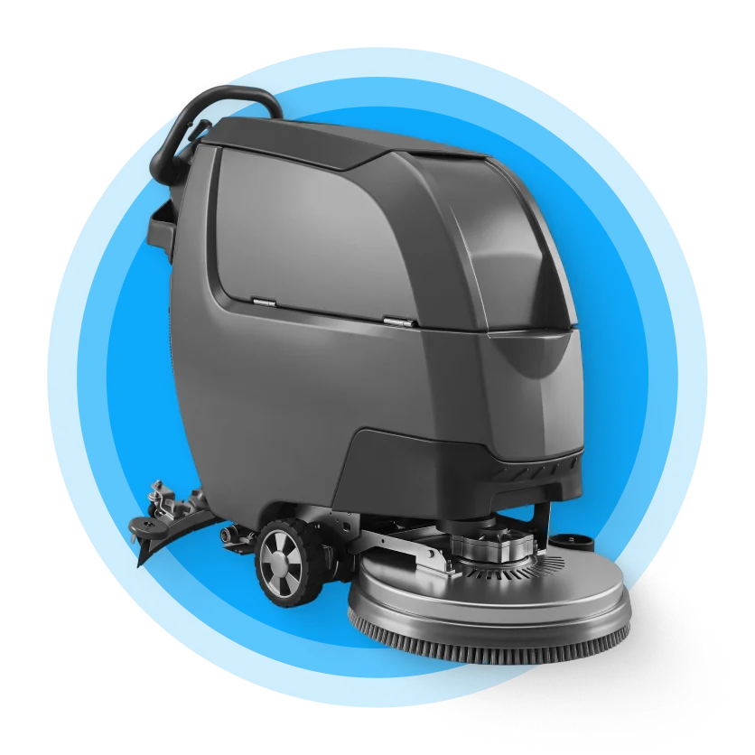 Industrial walk-behind floor scrubber with rotating brush head and rear wheels, an example of trackable equipment.