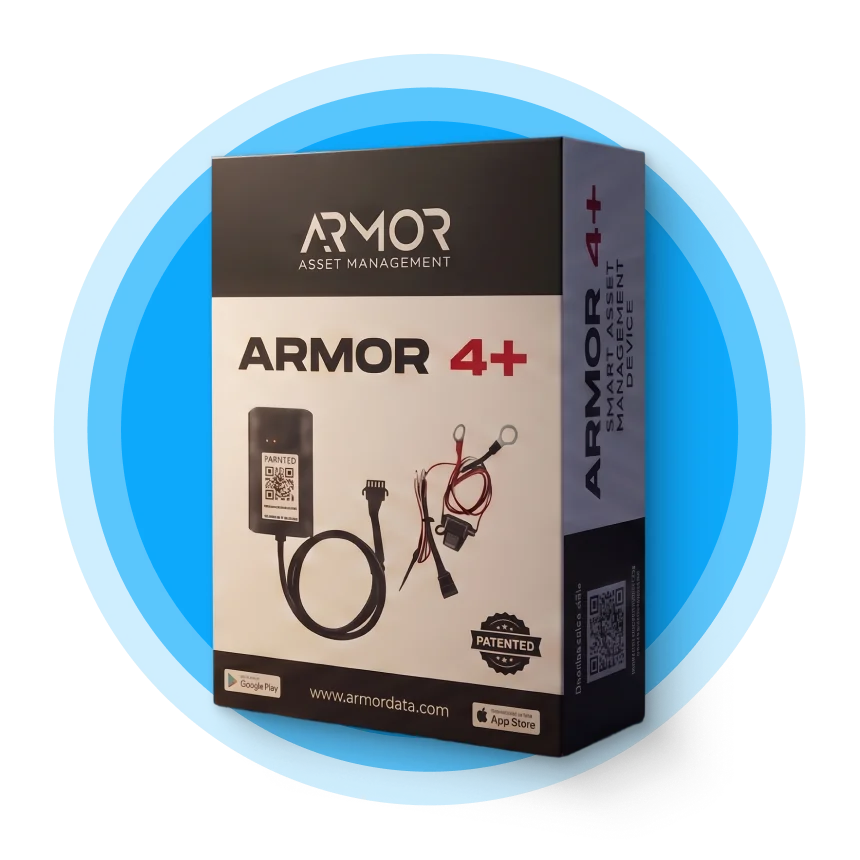 ARMOR 4+ smart asset management device retail box showing the hardware unit, wiring harness, and QR code for setup.