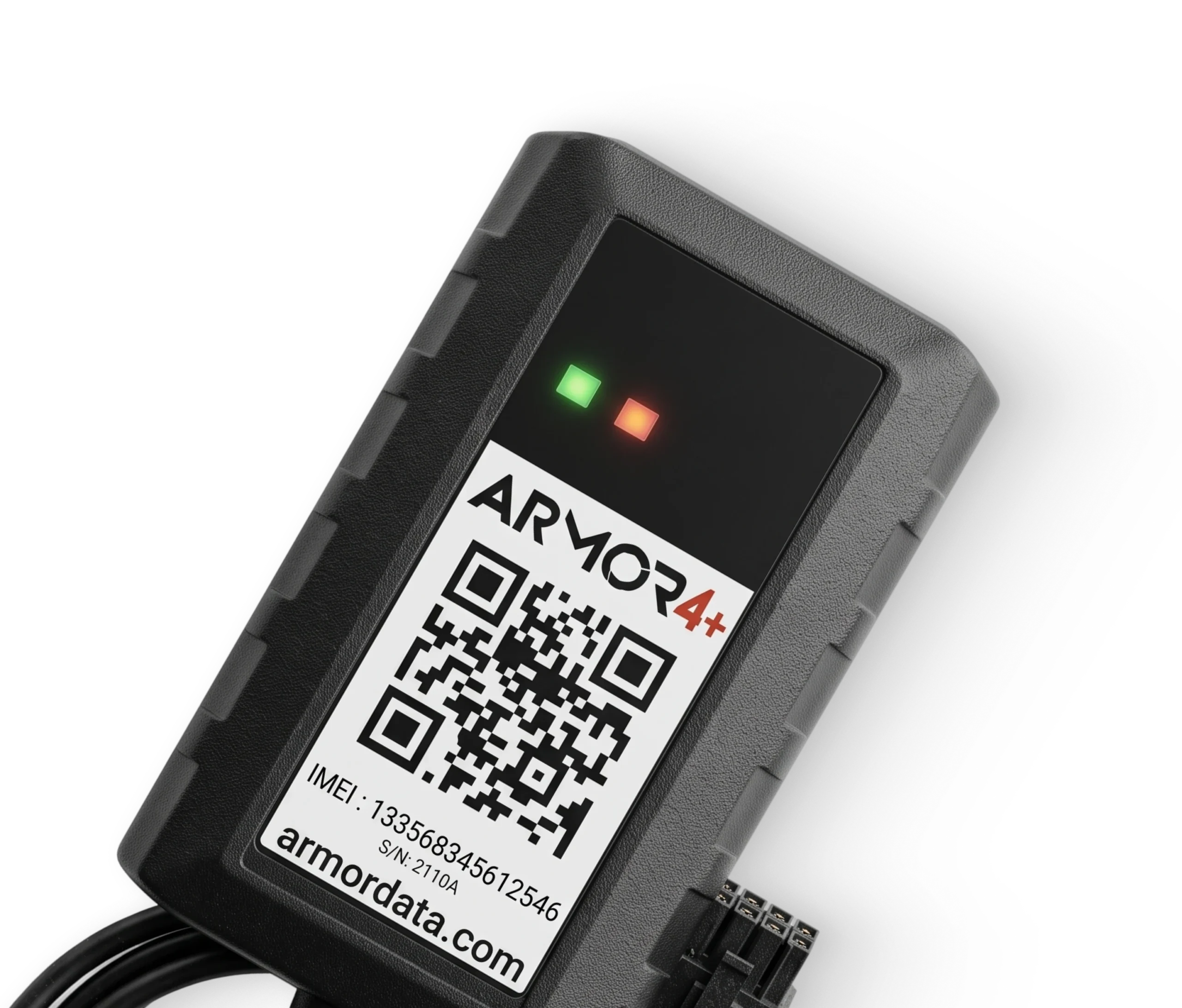 ARMOR 4+ asset tracking device with QR code label, IMEI number, and status LED indicators, connected via wired harness.