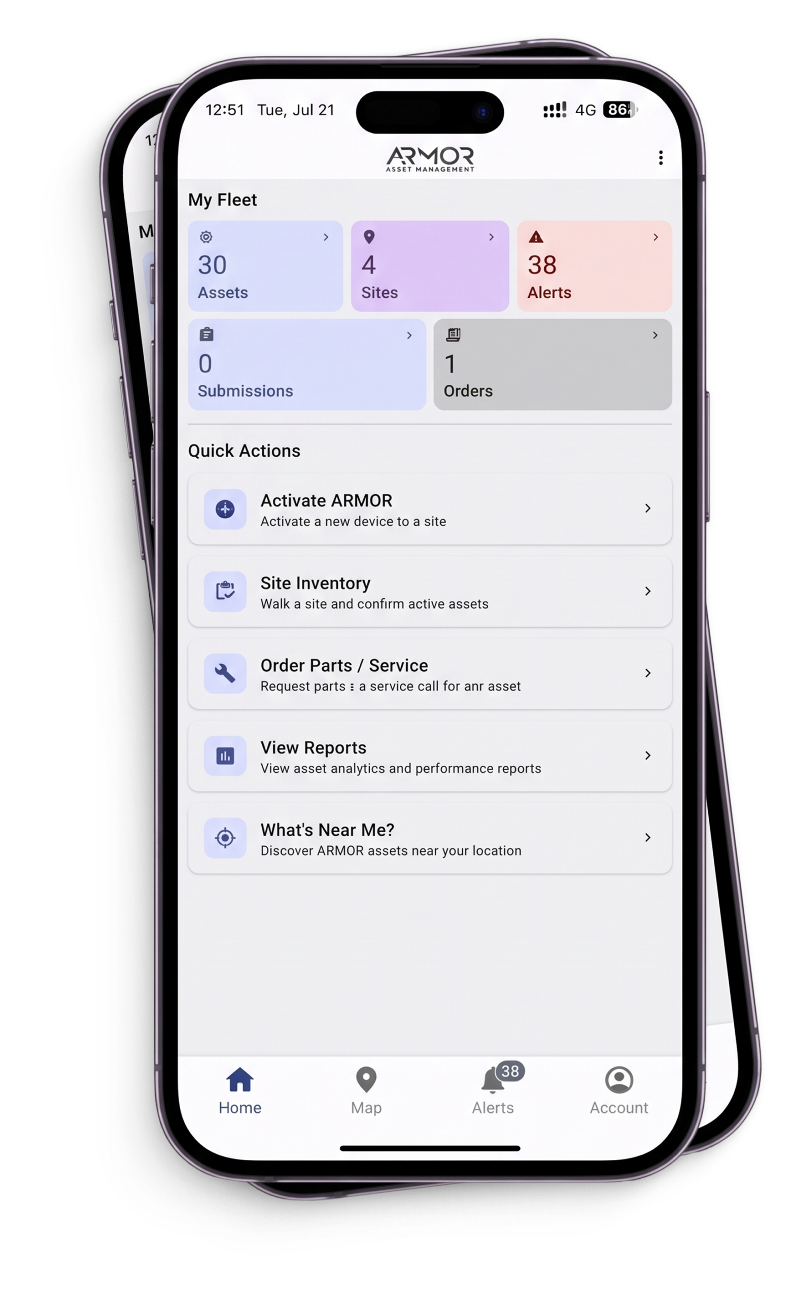 ARMOR mobile app fleet dashboard on iPhone showing asset counts, alerts, and quick actions like activate device, site inventory, and view reports.