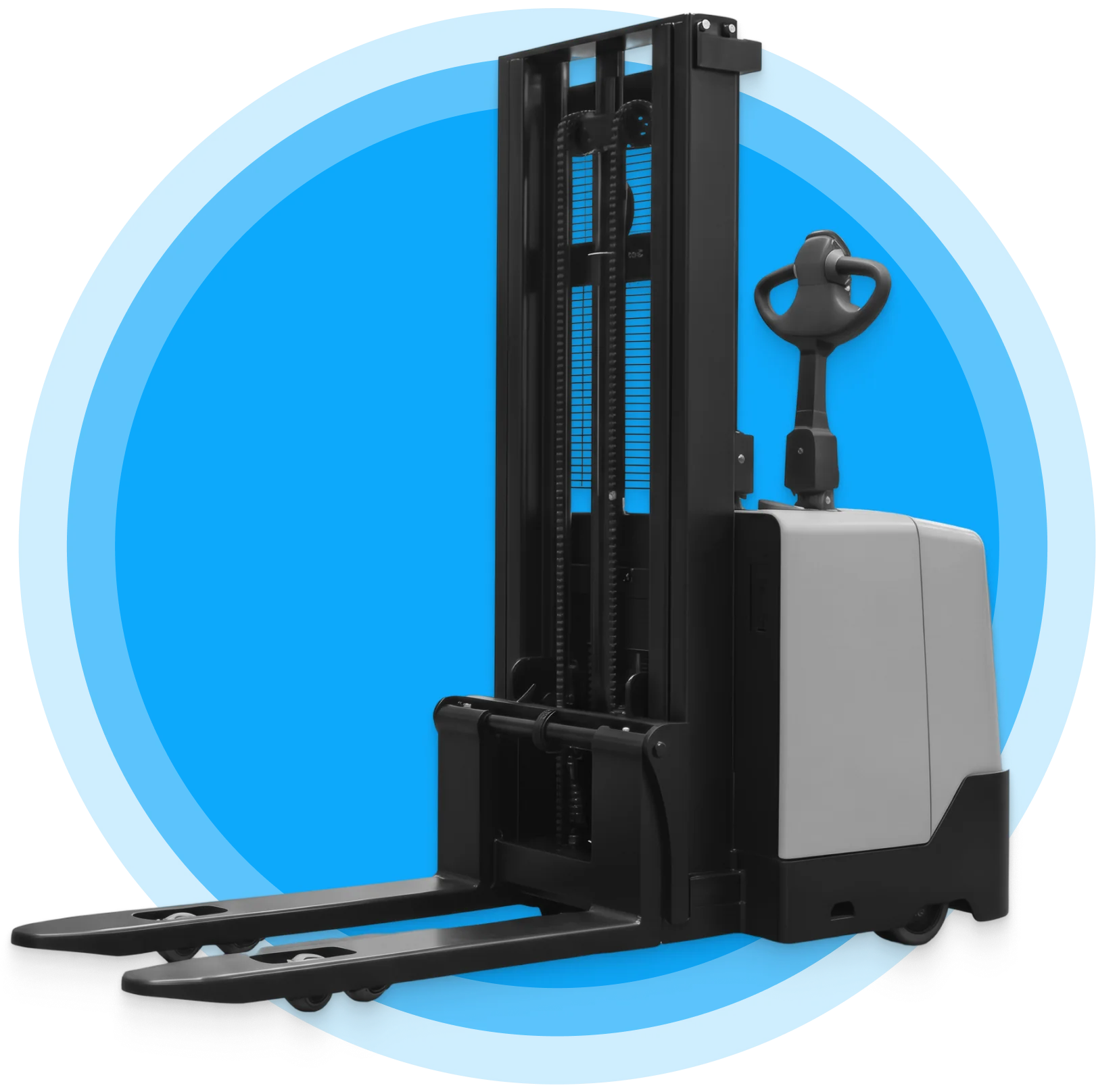 Electric pallet stacker with dual mast rails, fork lift arms, and a walk-behind tiller handle, an example of trackable material handling equipment.