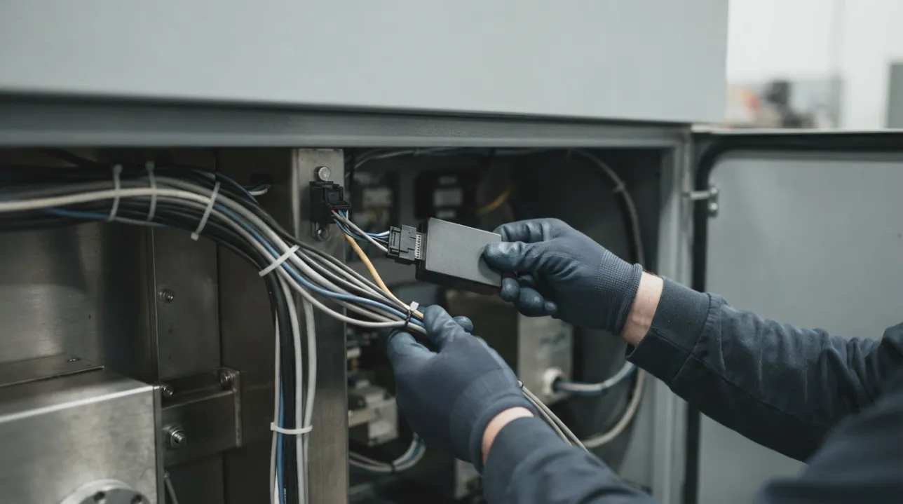 Technician connecting a small connectivity module into a machine's existing wiring harness