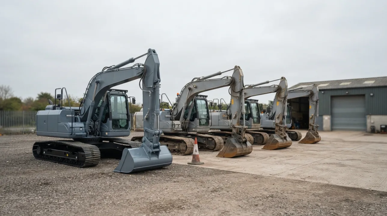 Dealer equipment yard with several units of the same machine at different ages