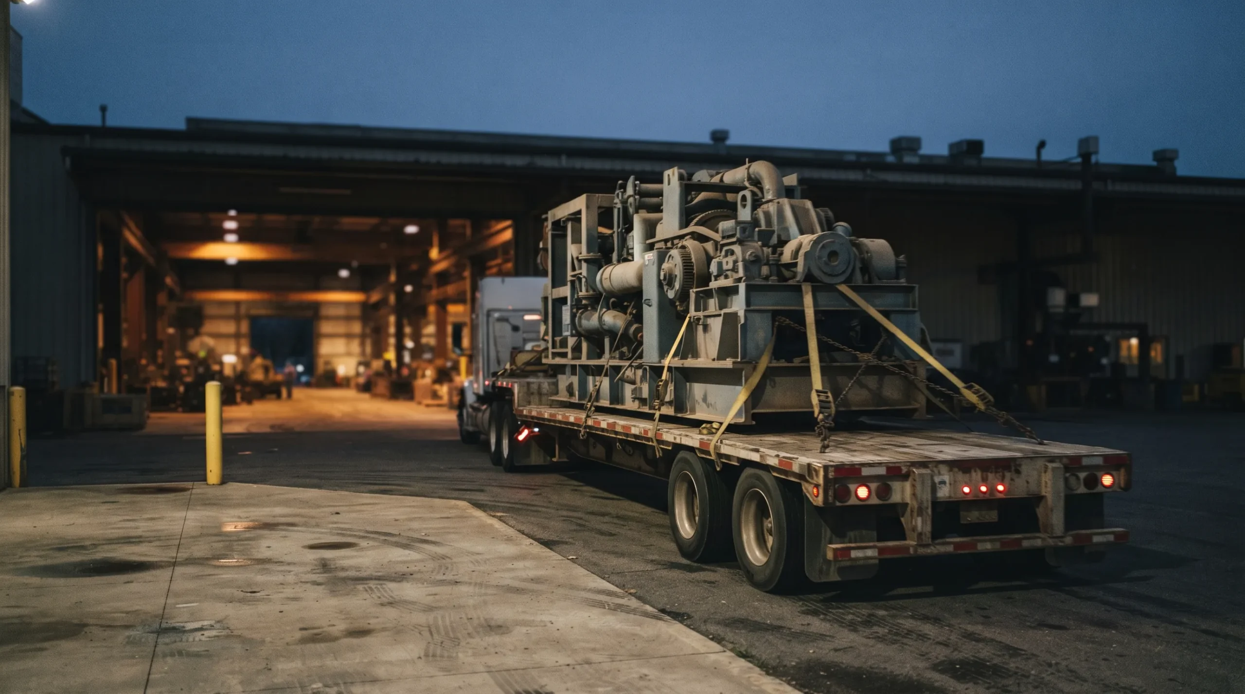 Finished industrial equipment leaving a manufacturing plant on a flatbed trailer at dusk