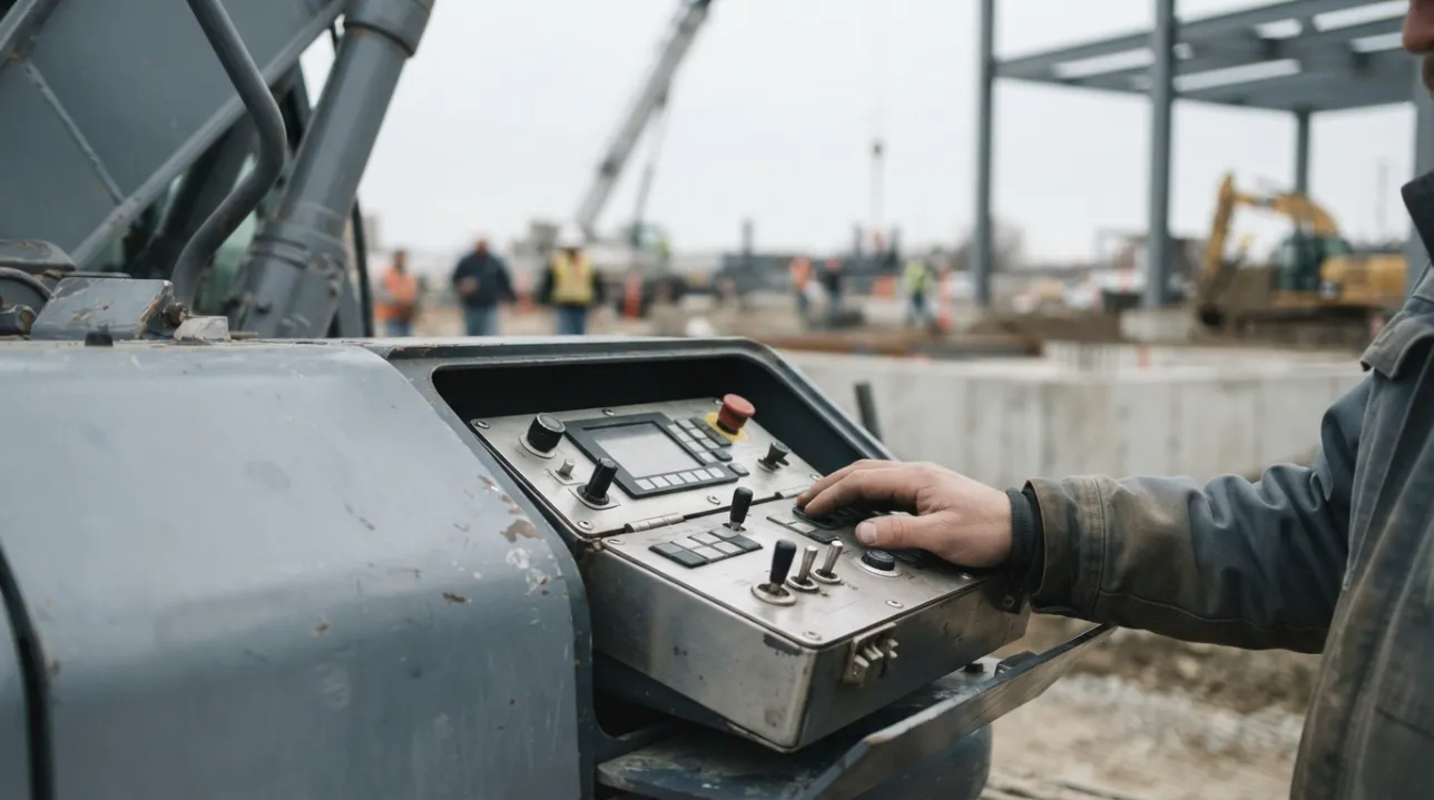 Technician's hand at an open control panel on a machine still working years after it shipped