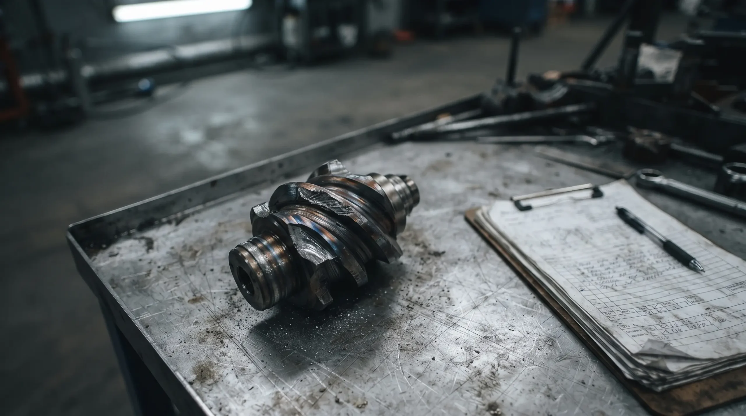 A worn failed industrial component on a workbench beside claim paperwork