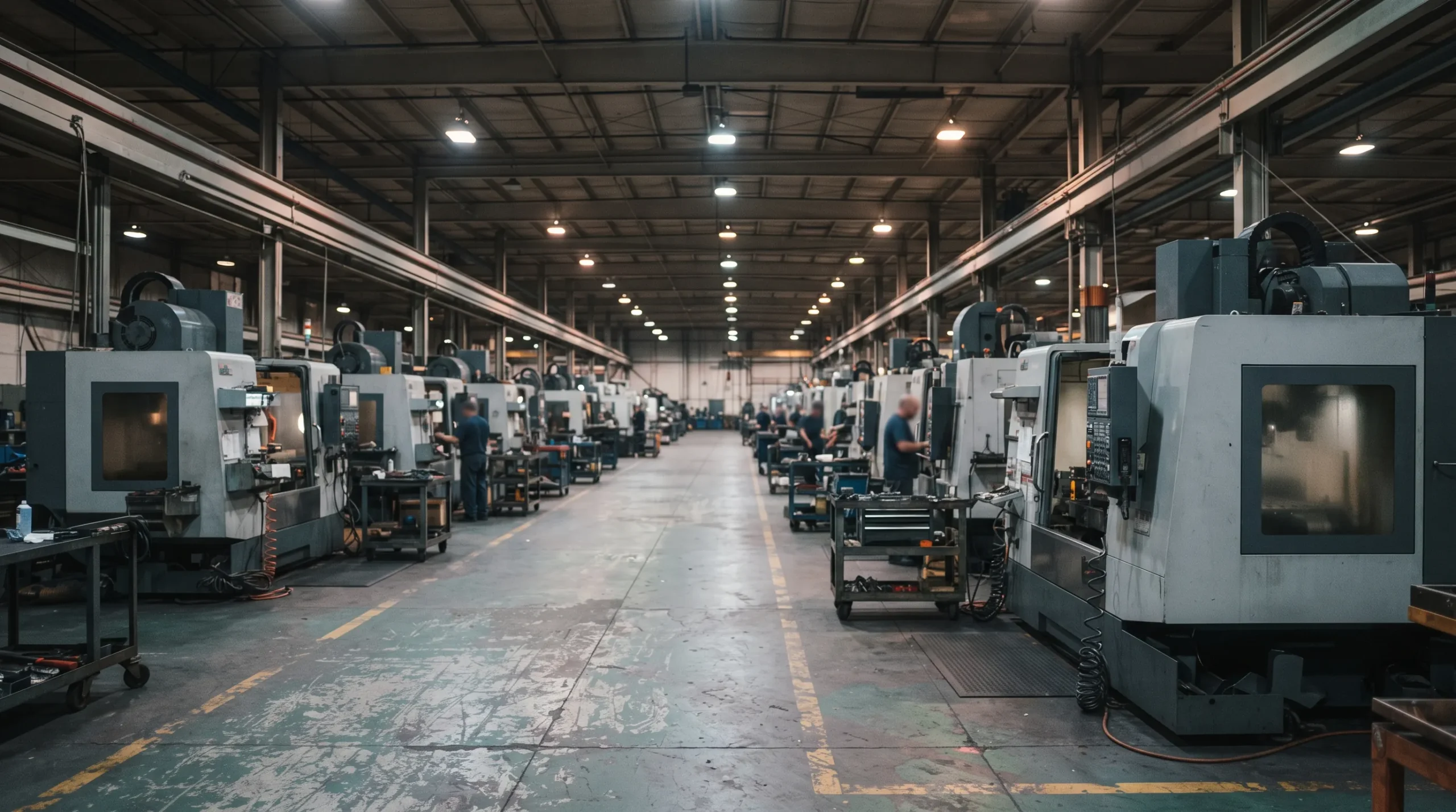 Multiple industrial machines of the same type operating across a facility floor