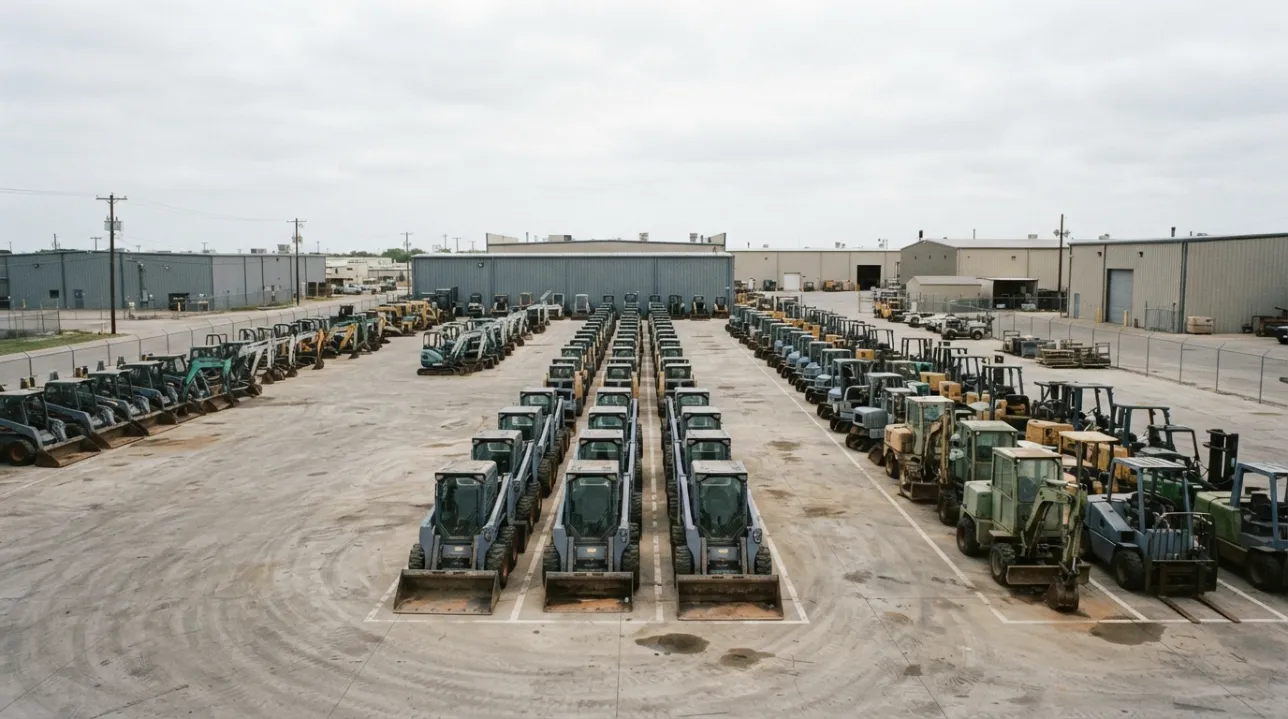 Industrial machines parked in straight evenly spaced rows across a swept yard